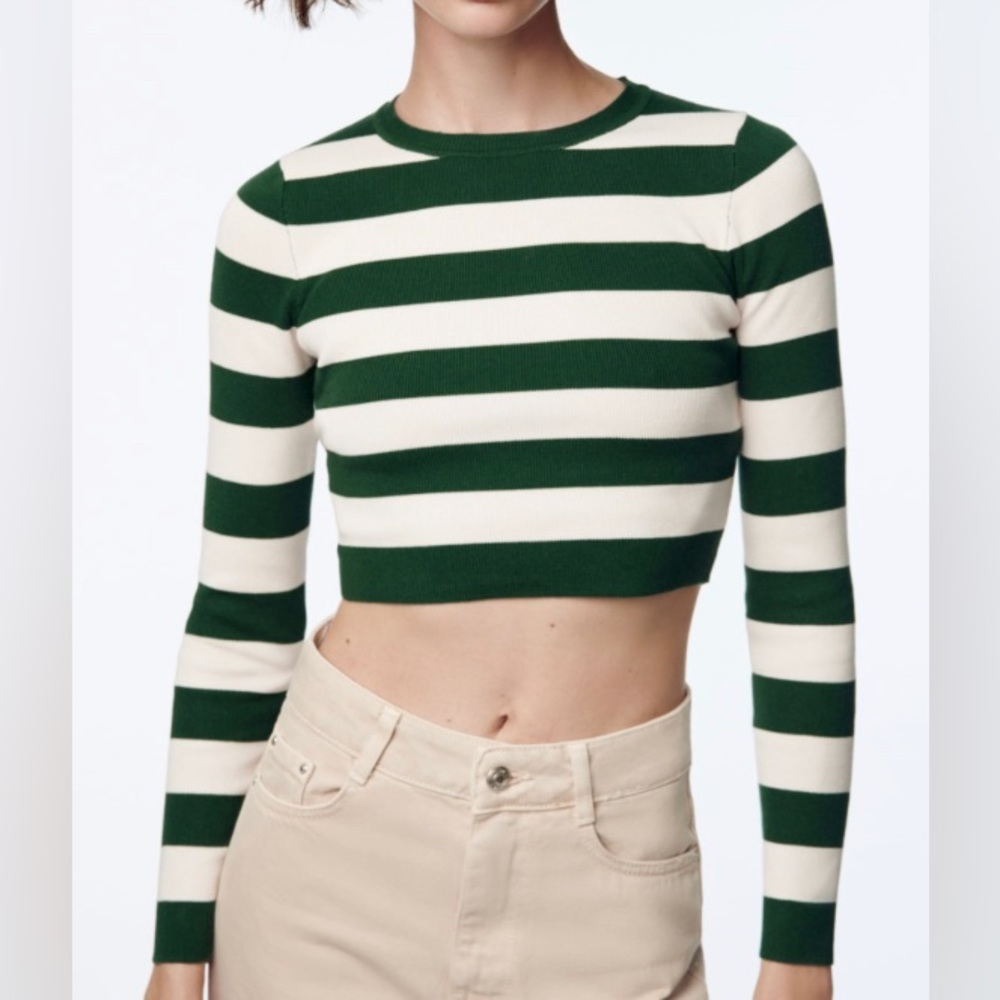 ZARA Cropped Green & Off White Striped Long